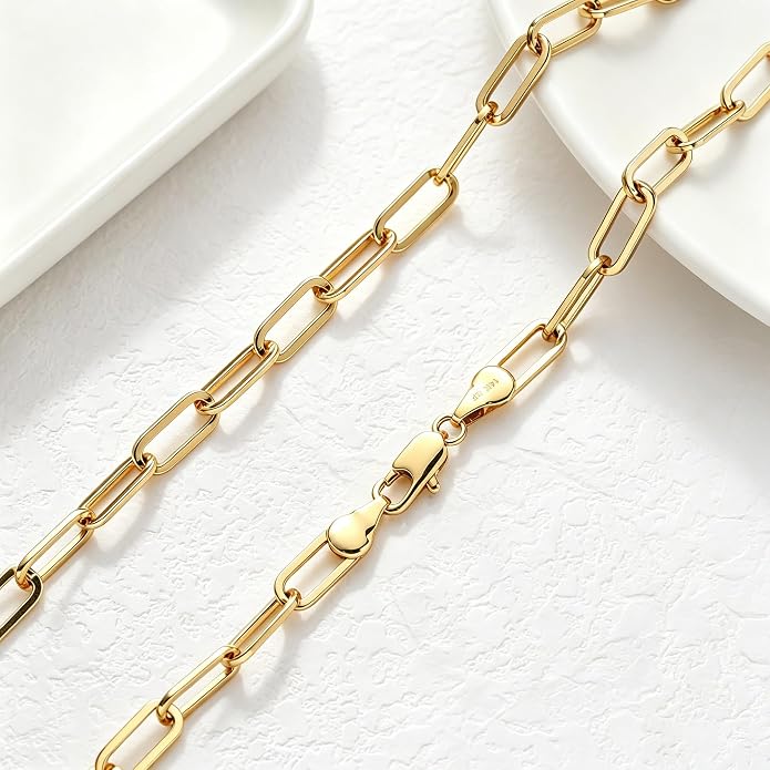 NOKMIT 14K Gold Filled Paperclip Necklace for Women Men, 3mm/4mm/5mm Rectangular Paper Clip Link Chain, 16-24 Inches, Hypoallergenic, Non-Tarnish, Dainty Unisex Jewelry, Cadenas de Oro 14K para Mujer