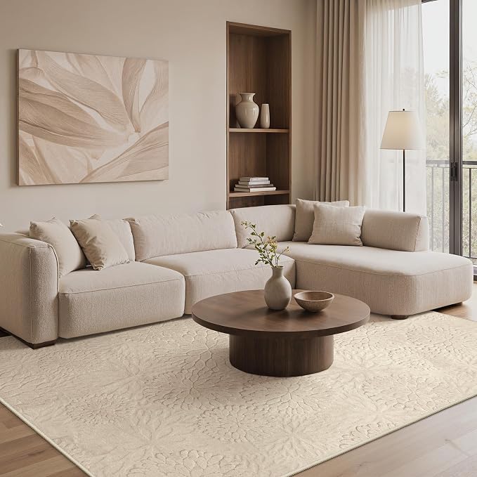GENIMO Soft Washable Area Rugs 6x9, 3D Modern Floral Rugs for Living Room, High-Low Pile Textured Non Slip Fuzzy Shag Carpet, Non-Shedding Stain Resistant Thin Beige Rugs for Bedroom, Dining Room