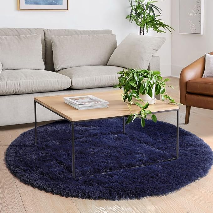Dark Navy Round Rugs 5Ft for Teen Boys Bedroom, Circular Fluffy Shag Fuzzy Plush Circle Area Rug for Kids Room, Living Room Decor Aesthetic, Indigo Furry Cool Dark Blue Carpet for Dorm Baby Nursery