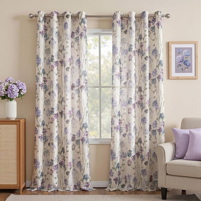 MYSKY HOME Floor to Ceiling Linen Floral Curtains 108 Inch Length 2 Panels Semi Sheer Light Filtering Farmhouse Flower Printed Window Grommet Drapes for Dining Room, 52" W Each Panel, Purple