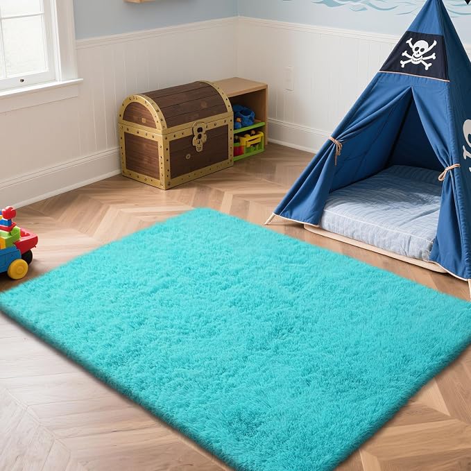 Teal Blue Rug Fluffy Rugs, 4x6 Teal Area Rugs for Bedroom, Soft Play Mat, Indoor Floor Carpet for Teen, Preppy Dorm, Plush Aesthetic Bedside Rug