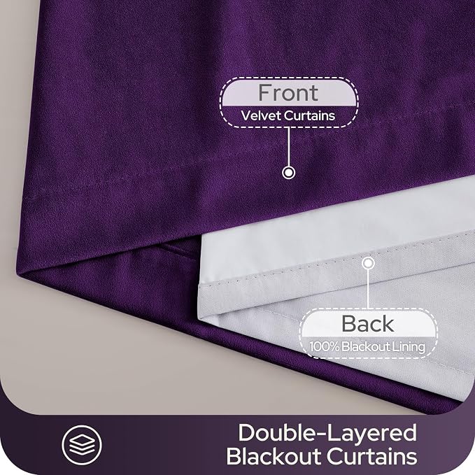 HOMEIDEAS 100% Blackout Purple Velvet Curtains, Thermal Noise Reduction Soft Luxury Vintage Christmas Velvet Curtains for Bedroom Decor, Living Room, Home, 52 X 96 Inch, 2 Panels
