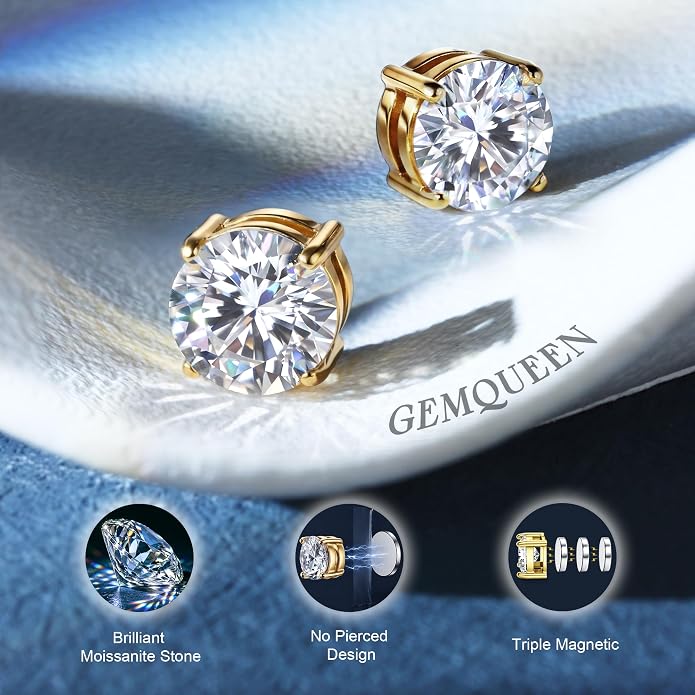 GEMQUEEN Moissanite Magnetic Earrings for Men Women : 18K White Gold Plated Hypoallergenic Stainless Steel Non Piercing Clip on Fake Earrings Studs Dainty Moissanite Earring Jewelry D Color VVS1