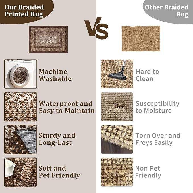 RUGSREAL Runner Rug 2x8 Machine Washable Hallway Runner Rug Entryway Long Runner Carpet Braided Printed Throw Mat Non Slip Kitchen Mat Living Room Rustic Carpet for Bedroom Dining Room, Brown