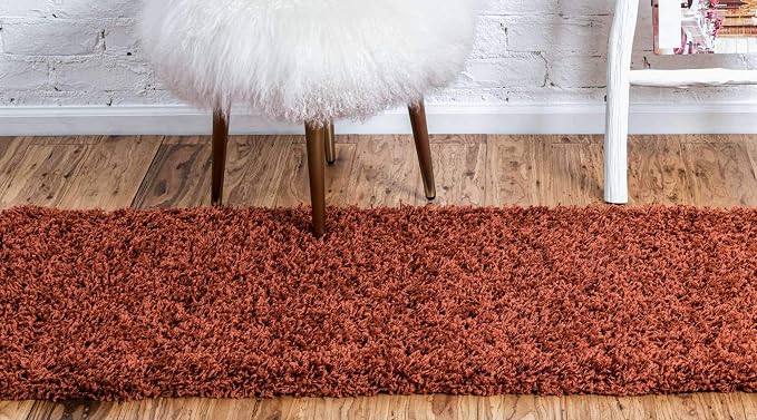 Unique Loom Solid Shag Collection Area Rug (2' 7" x 10' Runner, Terracotta) | Modern Solid rug, stain and water resistant, doesn't shed, easy to clean, kid and pet friendly. Ideal for the bathroom.