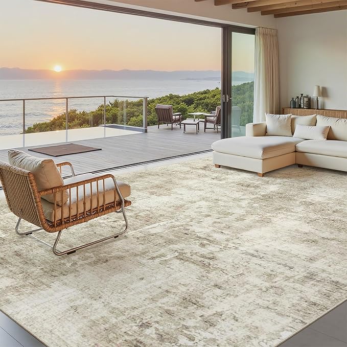 Soalmost Area Rug 10x12 Vintage Washable Living Room Large Carpet Non Slip Bedroom Indoor Office Dining Room Low Pile Thin Rug Beige Gray
