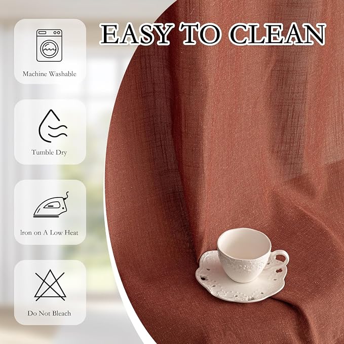 MYSKY HOME 90 Inches Long Curtains for Living Room Light Filtering Semi Sheer Curtains Bedroom Window Drapes Privacy Back Tab Farmhouse Rustic Boho Modern Country, Terracotta, 50" x 90", 2 Panels