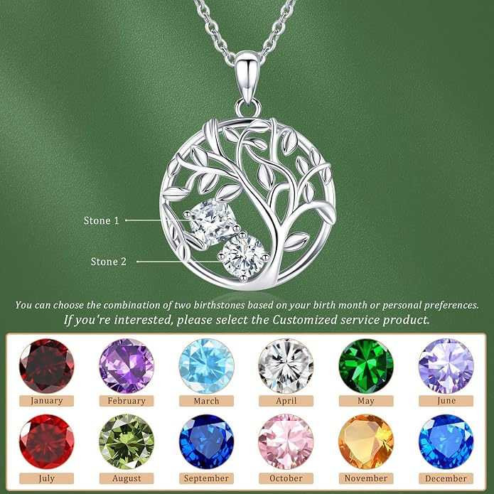 Tree of Life Birthstone Necklace for Women 925 Sterling Silver Birthstone Pendant 12 Months Necklaces with Zircon Birthday Gifts for Women, Mom, Grandma Cable Chain 18"+2"