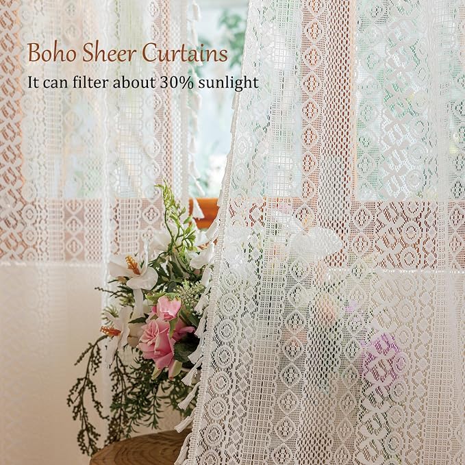 Sutuo Home White Boho Lace Curtains 2 Panels for Kitchen Living Room, Sheer Curtains Crochet Vintage Country Tassels Bohemian Ivory Privacy Window Treatments Rustic Geometry Rod Pocket, 50" x 63"
