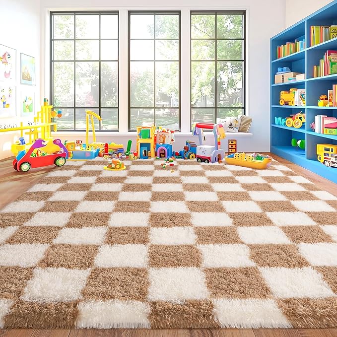 Pionblank 9x12 Area Rug, Large Fluffy Checkered Rugs for Living Room, Shag Rug for Bedroom, Soft Non Slip Shag Carpet for Kids Room Nursery Home Decor, Beige and Cream White