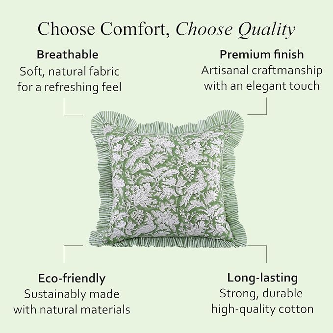 CPC Olive Green Ruffle Throw Pillow Covers for Couch, 18x18 Inch Cotton Stripe Ruffle Couch Pillows for Living Room, Hidden 14 Inch Zipper Boho Pillow Case or Cute Outdoor Pillows