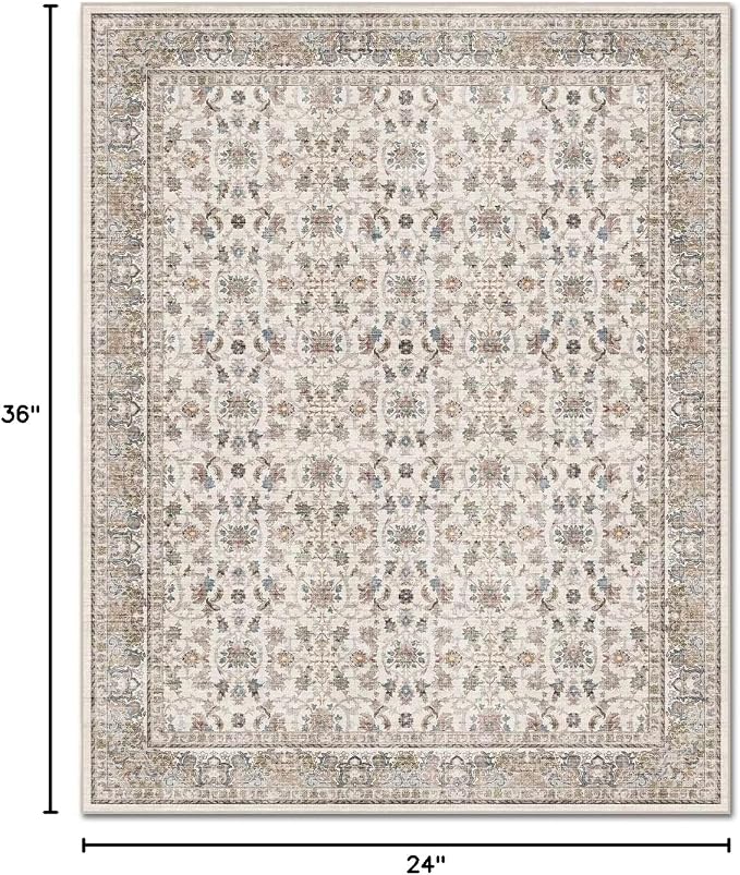 Washable 2x3 Entryway Rug, Boho Vintage Non-Slip Door Mat, Cream/Blue | 0.3" Neutral Throw Small Rugs for Bedroom Kitchen Nursery Entrance, Cushioned for High-traffic Area