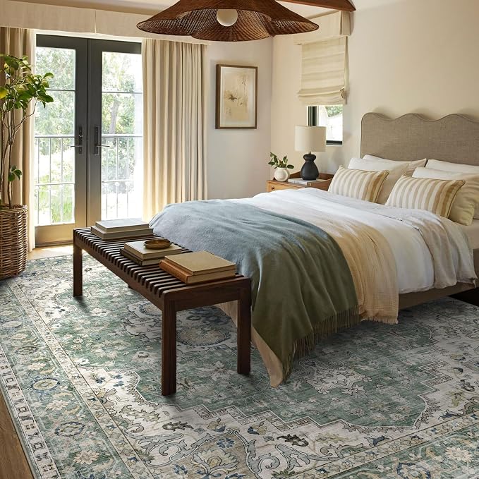 LUXRUG Washable Area Rug 8x10 - Large Sage Green Boho Rugs for Living Room Soft Vintage Bedroom Rug Ultra-Thin Farmhouse Oriental Distressed Carpet Non Slip Rug for Dining Room Guest Room Home Decor