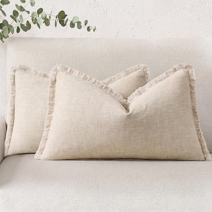 decorUhome Linen Fringe Natural Beige Throw Pillow Covers 12x20 Set of 2 | Decorative Soft Accent Modern Boho Farmhouse Lumbar Cushion Covers with Tassels Cotton Pillow Covers for Couch Bed Sofa