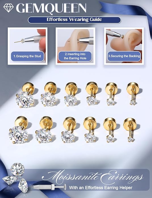 GEMQUEEN 6 Pairs 2-7mm Moissanite Earrings Studs 14K Gold Plated Stainless Steel Flat Back Earring for Women Men - Hypoallergenic Cartilage Helix Piercing Jewelry Brilliant Round Cut D Color VVS1 5.97CT