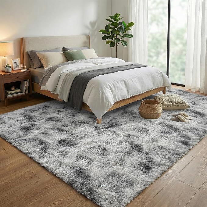 Fluffy Rugs for Living Room:Tie-dye White Grey Soft Shag Rug for Bedroom, Large Fuzzy Plush Indoor Floor Carpet Non Slip Modern Rug for Nursery Boys Girls Kids Room Dorms Home Decor, 9x11 Feet