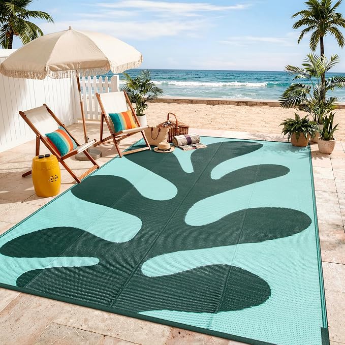 Lahome Green Outdoor Rug 8x10 Waterproof, Coral Sea Funky Pool Rv Rugs for Outside, Portable Plastic Straw Camping Carpet for Beach Picnic Patio Deck Porch, Green 8'x10'