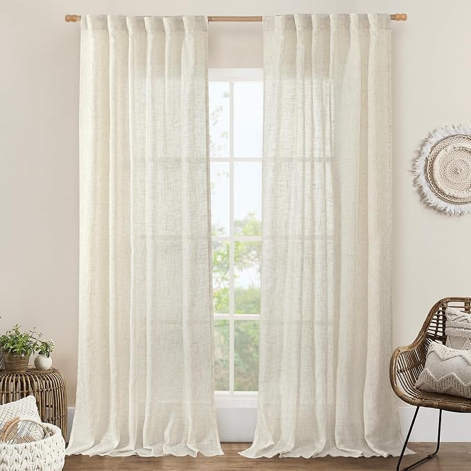 LAMIT 102 inch Long Linen Curtains 2 Panels for Living Room, Natural Cream Ivory Light Filtering Semi Sheer Linen Curtains Back Tab and Rod Pocket Neutral Drapes for Bedroom/Farmhouse, 52 x 102 Inch