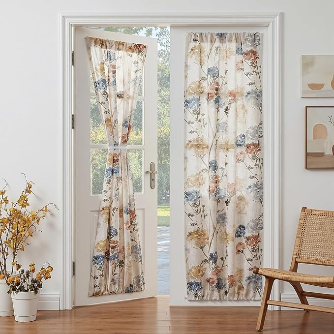 MYSKY HOME Floral Linen French Door Curtains 72 inch Long 2 Panels for Front Door - Light Filtering Privacy Semi Sheer Window Curtains with Rod Pocket, Yellow, 24" W x 72" L