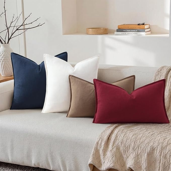 decorUhome Fall Light Brown Linen Throw Pillow Covers 12x20 Set of 2 | Decorative Soft Cozy Modern Farmhouse Boho Accent Pillow Cases with Flange Edges for Couch Bed Sofa Living Room Home Decor