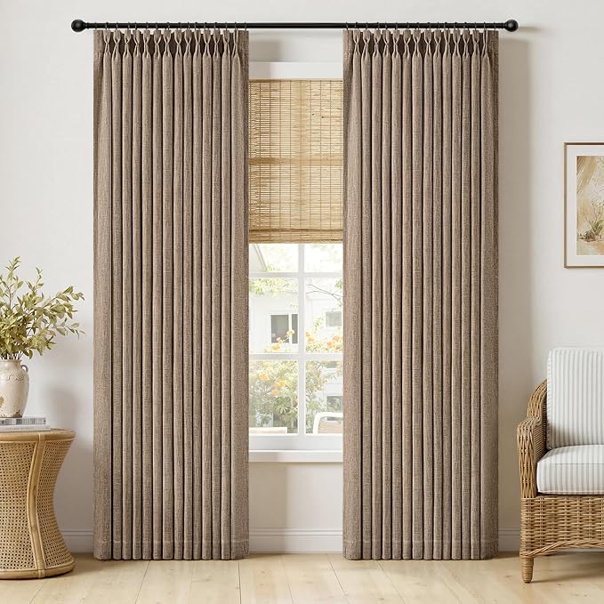 MIULEE Pinch Pleated Thick Linen Curtains 90 Inches Long 2 Panels for Living Room Bedroom, Linen Texture Memory Trained Brown Drapes Pleat Back Tab Light Filtering Country Farmhouse Burlap Curtains