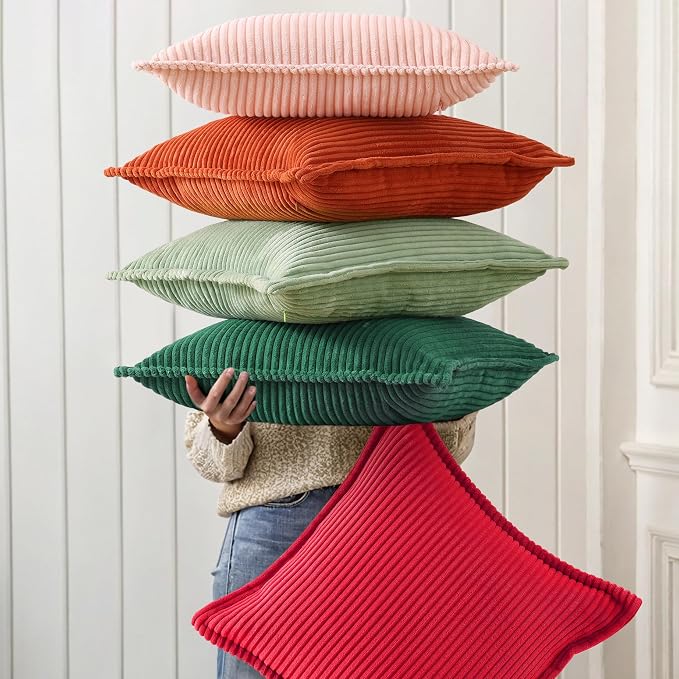decorUhome Fall Corduroy Green Throw Pillow Covers 12x20 Set of 2 | Lumbar Couch Decorative Soft Modern Boho Farmhouse Pillow Covers Broadside Striped Pillow Cases for Living Room Bed Sofa