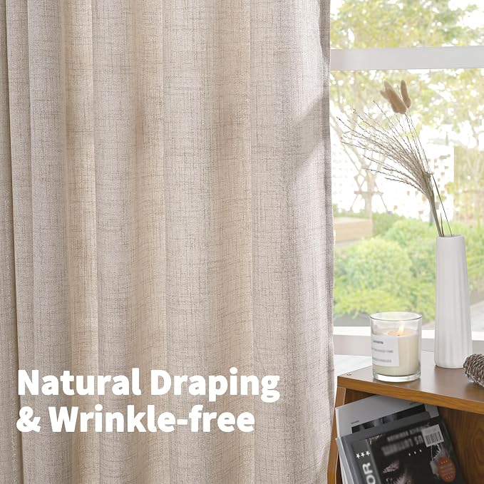 YoungsTex Linen Semi Sheer Curtains 63 Inch Length, Light Filtering Drapes | Bronze Grommet Beige Window Treatments for Office Bedroom Living Room, 2 Panels, 52 X 63 Inch