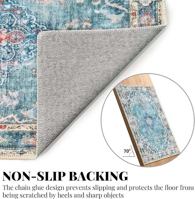MUJOO Teal Area Rug Small Washable Rugs Non Slip Low-Pile 2'x3' Flowers | Machine Washable Throw Carpet for Entryway Kitchen Bathroom Bedroom Boho Soft Indoor Vintage Floral Blue Colorful