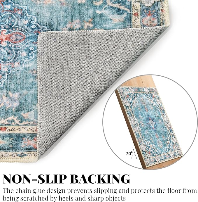 MUJOO Teal Round Rug 4ft Small Circle Washable Area Rug Non Slip Floral | Circular Rugs for Bedroom Living Room Entryway Bathroom Bedroom Boho Throw Carpet Soft Low Pile Indoor Flowers Blue Colorful