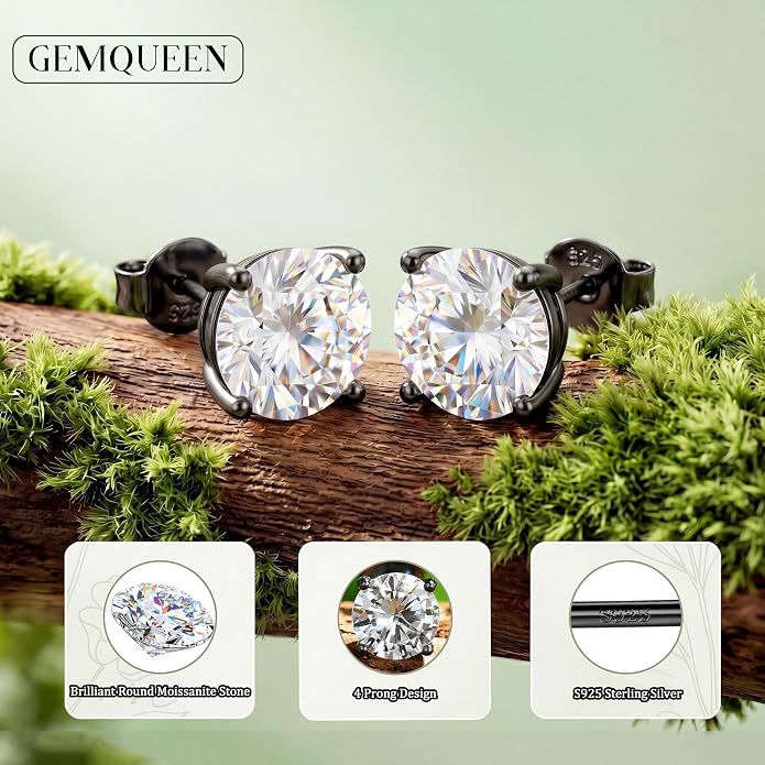 Moissanite Stud Earrings : 18K White Gold Plated Solid 925 Sterling Silver Earring Hypoallergenic Dainty Flat Back Stud Earrings Jewelry for Women Men D Color VVS1 Clarity