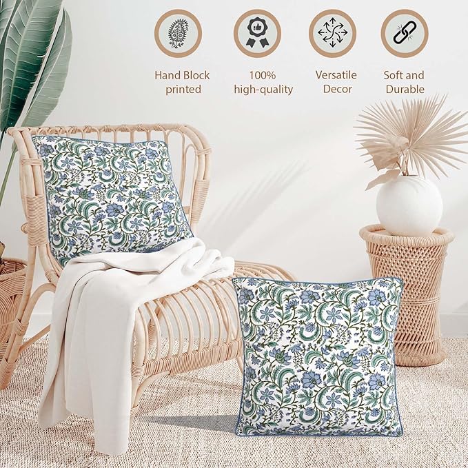 Ridhi Block Print Columbia Blue Pillow Cover 16" x 16" (Pack of 2) Decorative Couch Pillows for Living Room, Chic Boho Cute Outdoor Pillows Covers Gifts for Spring, Easter and Valentine