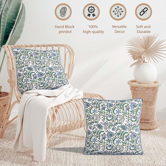 Ridhi Block Print Columbia Blue Pillow Cover 20" x 20" (Pack of 2) Decorative Couch Pillows for Living Room, Chic Boho Cute Outdoor Pillows Covers Gifts for Spring, Easter and Valentine