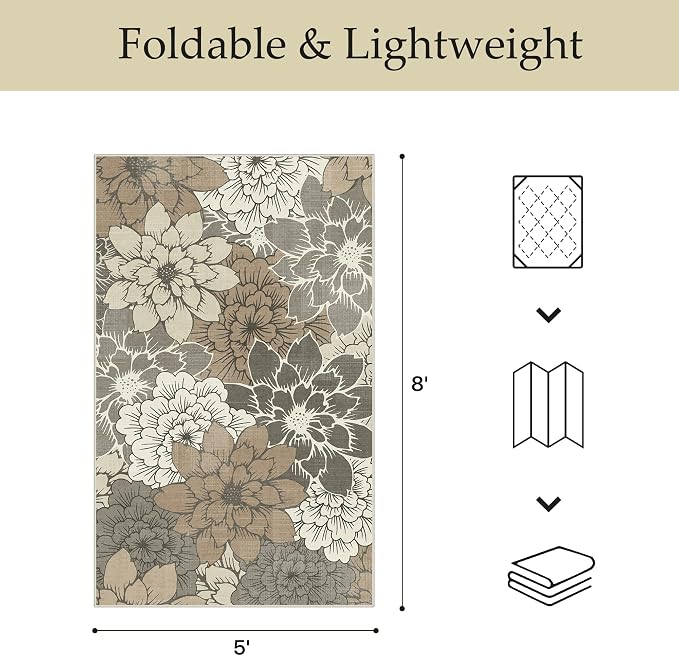 GENIMO 5x8 Outdoor Rug, Washable for Patio and Deck, Coffee Beige | Floral design for porch; fade resistant chenille with quick-dry non-slip backing for indoor sunroom
