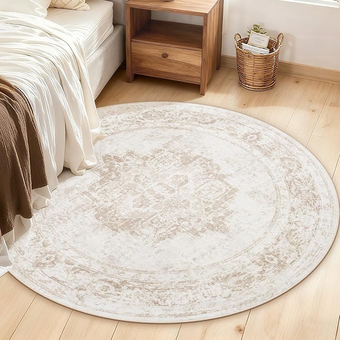 Round Rug 4ft Vintage Rugs: Small Washable Circle Rug Distressed Non Slip Circular Carpet for Living Room Bedroom Kitchen Home(Beige, 4' Round)