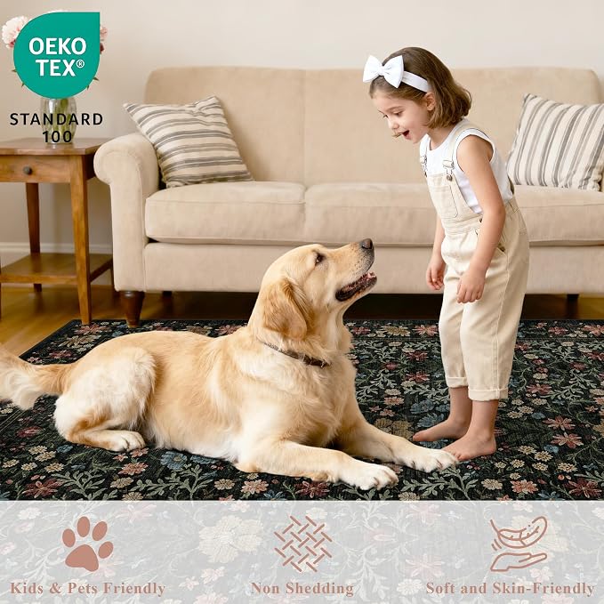 DUKINO 2.6x8 Runner Rug, Washable Vintage Floral Kitchen Rug, Black | Non Slip, Low Pile, Non-Shedding, Stain Resistant, Soft Throw Carpet Runner for Hallway Bathroom Laundry Entryway Farmhouse