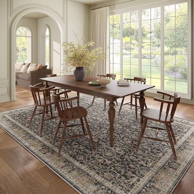 Boho Washable 8x10 Area Rugs for Living Room, Cushioned, Black/Navy Blue | Vintage Non-slip Neutral Oriental Rugs for Bedroom Dining Room Nursery Office High Traffic Area