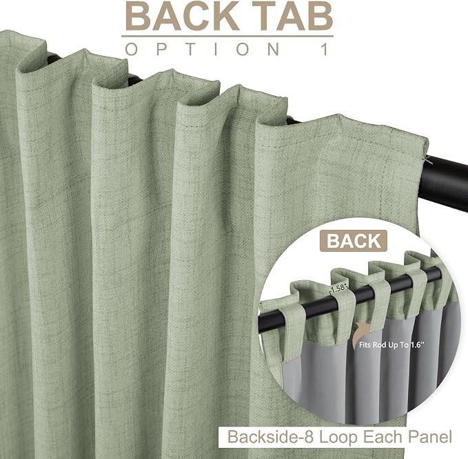 100% Blackout Shield Linen Blackout Curtains for Bedroom 90 Inches Long, Back Tab/Rod Pocket Living Room Drapes, Thermal Insulated Blackout Curtains 2 Panels Set, 50" W x 90" L,Sage Green