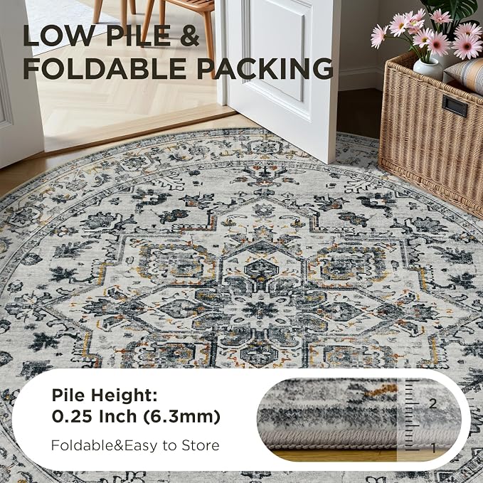 Joydeco Washable Area Rug, 6ft Round Rugs for Living Room,Non Slip Machine Washable Vintage Rug, Low Pile Thin Chenille Print Rugs for Bedroom, Dining Room, White&Light Gray&Dark Gray