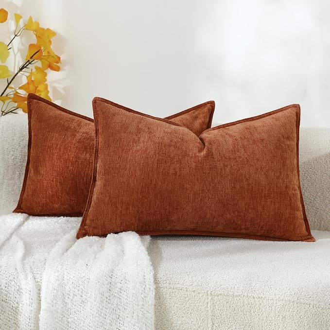 Stellhome Set of 2 Halloween Decorations Autumn Rust Pillow Covers Soft Textured Lumbar Chenille Accent Solid Cushion Cover for Couch Sofa Bedroom Living Room 12x20 Inch, Burnt Orange
