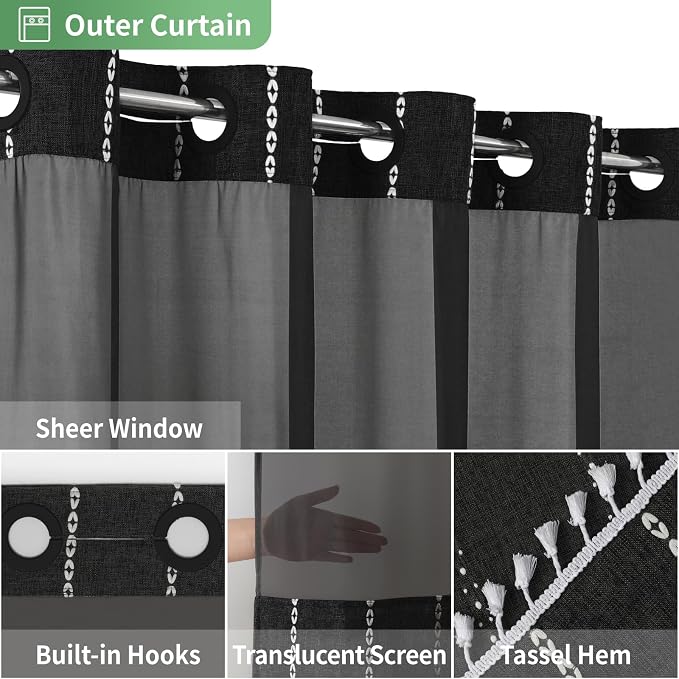 eachope Boho Farmhouse No Hook Shower Curtain Set with Snap-in Fabric Liner,Heavy-Duty Linen Textured Rustic Striped Design,Water-Repellent with Tassels and Sheer Window,Black,71x74