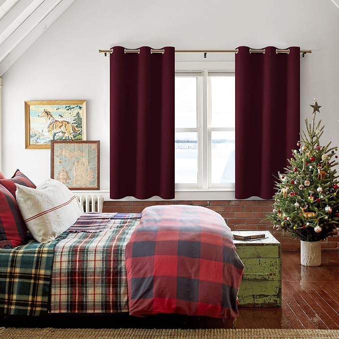 Hiasan Blackout Curtains for Bedroom - Thermal Insulated & Light Blocking Window Curtains for Living Room Christmas Decor, 2 Drape Panels Sewn with Tiebacks, Burgundy, 42 x 54 Inch