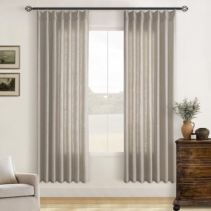 Burlywood Birch 72 Inch Pinch Pleated Linen Semi Sheer Curtains 2 Panels | Memory Training Shaped, for Living Room Bedroom Cabin Closet, 400GSM Linen Textured, Pinch Pleat with Hooks Rings Back Tab