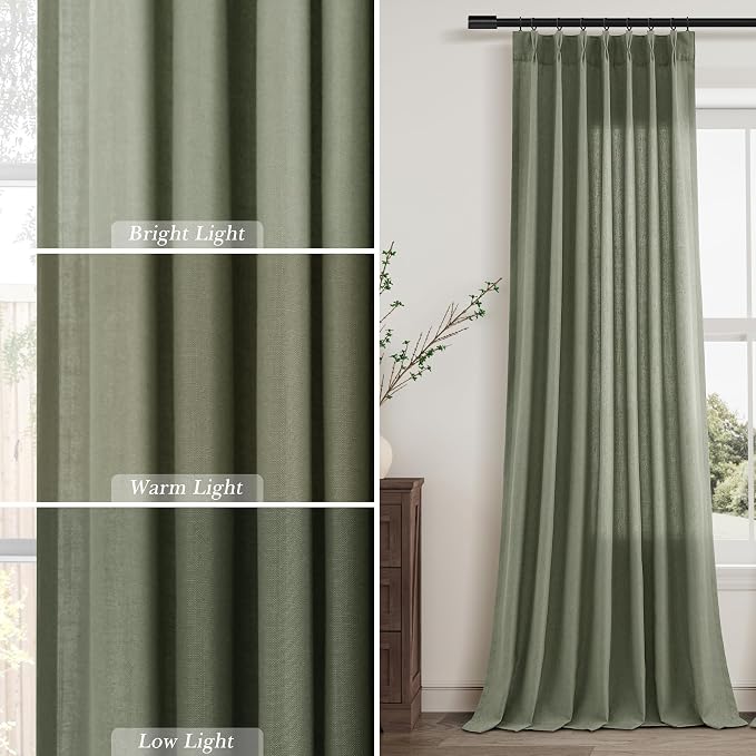 Aersas Forest Green Linen Pinch Pleated Curtains 84 Inches Long 2 Panels for Living Room Bedroom Pinch Pleat Hooks Rings Back Tab Light Filtering Loden Dark Green Farmhouse Drapes 84 Inch Length