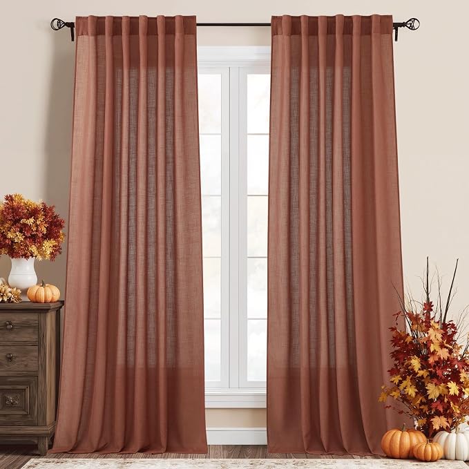 RYB HOME Terracotta Curtains 84 inch Long - Premium Flax Linen Blend Soft Semi Sheer Window Drapes Half Privacy Protect for Living Room Bedroom Doorway, 52 Width by 84 Length, 2 Panels Burg