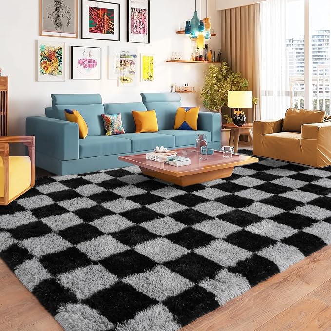 Pionblank 8x10 Area Rugs for Living Room, Fluffy Plush Checkered Rug for Bedroom, Modern Shag Non Slip Soft Furry Large Carpet for Kids Room Nursery Home Decor, Black and Grey