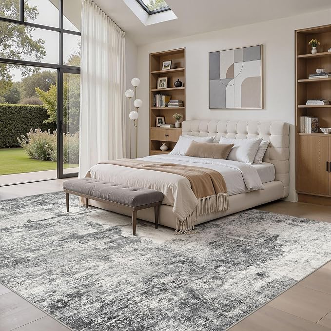 DMOYEST 8x10 Area Rug for Living Room, Washable & Non Slip Large Indoor Carpet, Kid & Pet Friendly Soft Thin Low Pile Abstract Rug for Bedroom and Office - Grey