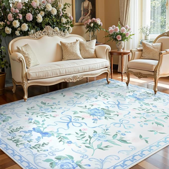 Collive Blue 8X10 Rugs for Living Room, 8x10 Bow and Floral Washable Area Rug Non Slip, Soft Boho Indoor Decor Elegant Carpet for Bedroom Kids Room Nursery Dining Room