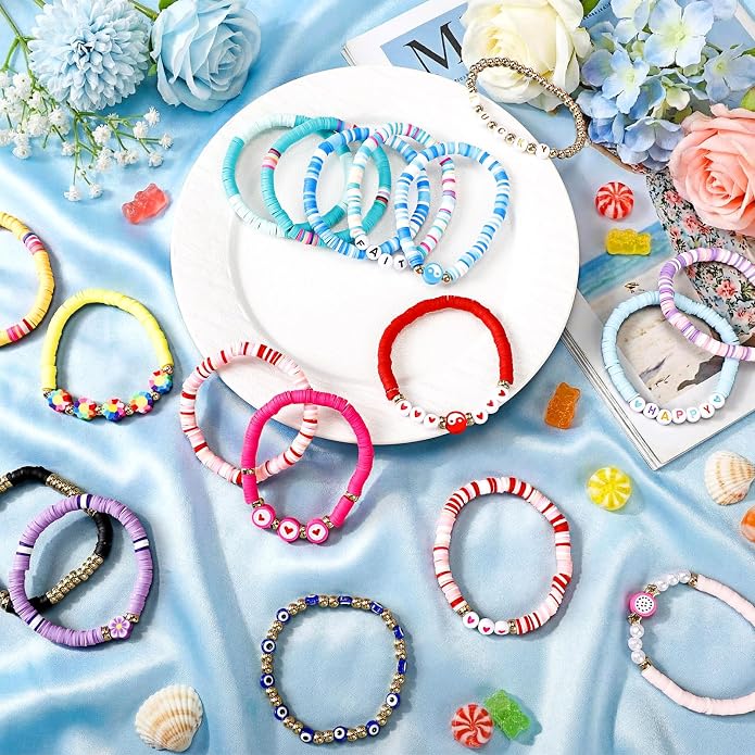 Equsion 100 Pcs Preppy Friendship Bracelets for Women Heishi Surfer Clay Stackable Bead Easter Boho Y2k Bracelets Gifts