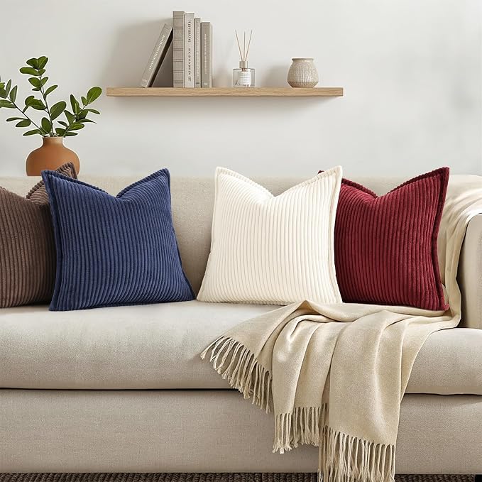 decorUhome Fall Corduroy Burgundy Throw Pillow Covers 16x16 Set of 2 | Couch Decorative Soft Modern Boho Farmhouse Pillow Covers Broadside Striped Pillow Cases for Living Room Bed Sofa