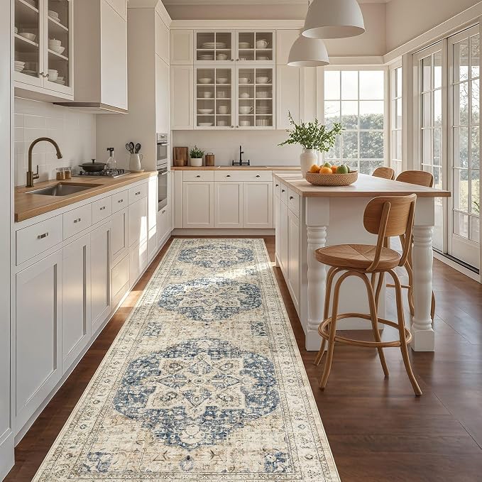 Tortania Area Rug 3x8 Runner Rugs - Washable Vintage Oriental Farmhouse Thin Indoor Carpet for Living Room Bedroom Hallway Entryway Kitchen Under Dining Table Home Office - Cream/Blue